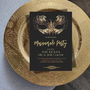 Elegant Zwart Goud Masquerade Party Verjaardag Kaart