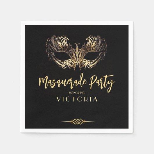 Elegant Zwart Goud Masquerade Party Verjaardag Servet (Voorkant)