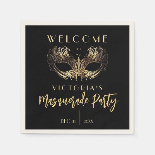 Elegant Zwart Goud Masquerade Party Verjaardag Servet (Voorkant)