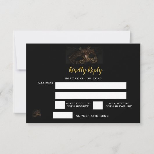 Elegant Zwart Goud Masquerade Zoet 16e Verjaardag RSVP Kaartje (Voorkant)