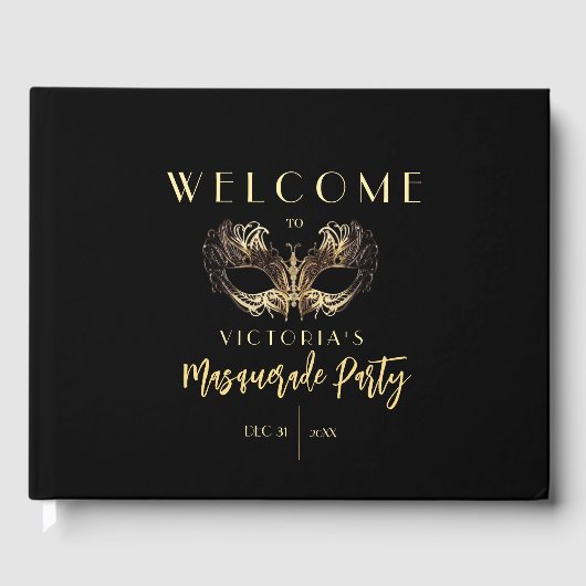 Elegant zwart goud masqueradefeest verjaardag gastenboek (Voorkant)