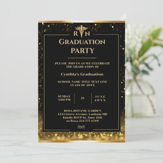 Elegant zwart & goud medische afstudeerfeest kaart (Staand voorkant)
