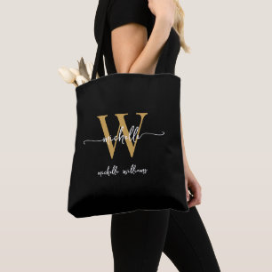 Elegant Zwart Goud Meisje Gepersonaliseerd Monogra Tote Bag