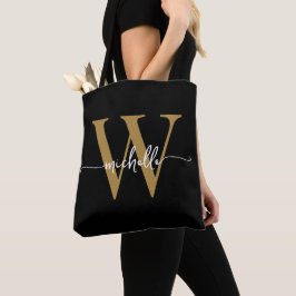 Elegant Zwart Goud Meisjesachtig Persoonlijk Initi Tote Bag