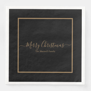 Elegant zwart goud Merry Christmas familienaam Servet