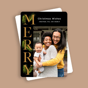 Elegant Zwart Goud Merry Pine Foto Kerstmis Feestdagenkaart