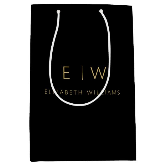 Elegant Zwart Goud Minimalistisch Monogram Naam Medium Cadeauzakje (Voorkant)