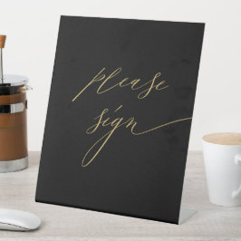 Elegant Zwart Goud Modern Script Bruiloft Gastenbo Reclamebord Met Voetstuk