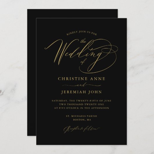Elegant Zwart Goud Modern Script Bruiloft Uitnodig Kaart (Voorkant / Achterkant)