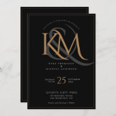 Elegant Zwart Goud Modern Script Monogram Bruiloft Kaart (Voorkant / Achterkant)