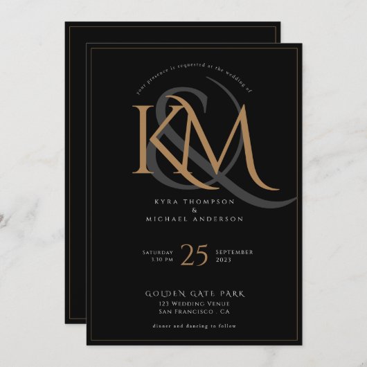 Elegant Zwart Goud Modern Script Monogram Bruiloft Kaart (Voorkant / Achterkant)