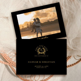 Elegant zwart goud monogram botanische kam save the date