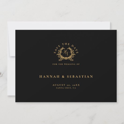 Elegant zwart goud monogram botanische kam save the date (Voorkant)