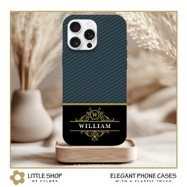 Elegant Zwart Goud Monogram Grijs Pinstripe iPhone 15 Case