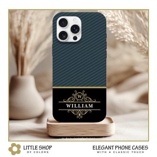 Elegant Zwart Goud Monogram Grijs Pinstripe Case-Mate iPhone Case