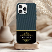 Elegant Zwart Goud Monogram Grijs Pinstripe Case-Mate iPhone Case