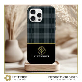 Elegant zwart goud monogram grijs plaid tartan Case-Mate iPhone case