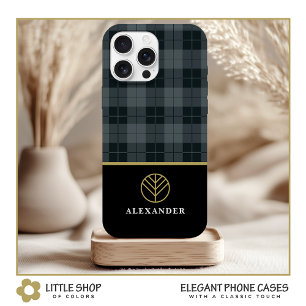 Elegant zwart goud monogram grijs plaid tartan iPhone 15 case