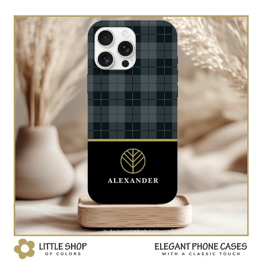 Elegant zwart goud monogram grijs plaid tartan Case-Mate iPhone case