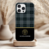 Elegant zwart goud monogram grijs plaid tartan Case-Mate iPhone case
