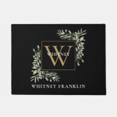 Elegant zwart goud monogram groen gebladerte deurmat (Voorkant)