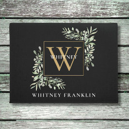 Elegant zwart goud monogram groen gebladerte deurmat