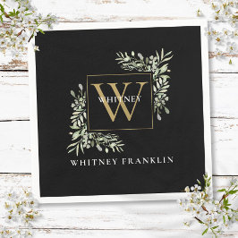 Elegant zwart goud monogram groenblijvende eucalyp servet