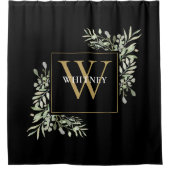 Elegant Zwart Goud Monogram Groene Bloemen Douchegordijn (Voorkant)