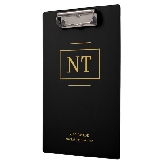 Elegant Zwart Goud Monogram Kantoor Accessoire Klembord (Links)