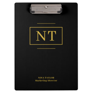 Elegant Zwart Goud Monogram Kantoor Accessoire Klembord