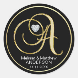 Elegant Zwart Goud Monogram Letter A Heart Diamond Ronde Sticker