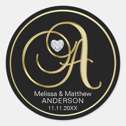 Elegant Zwart Goud Monogram Letter A Heart Diamond Ronde Sticker (Voorkant)
