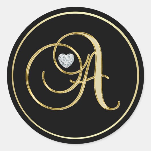 Elegant Zwart Goud Monogram Letter A Heart Diamond Ronde Sticker (Voorkant)