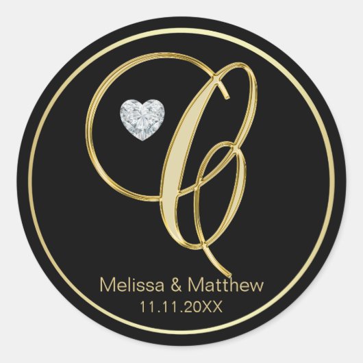 Elegant Zwart Goud Monogram Letter C Hart Diamant Ronde Sticker (Voorkant)
