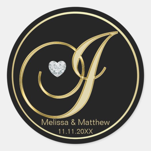 Elegant Zwart Goud Monogram Letter J Heart Diamond Ronde Sticker (Voorkant)