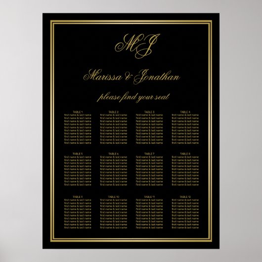 Elegant Zwart Goud Monogram Lijst Trouwzitting Poster (Voorkant)