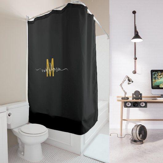 Elegant Zwart Goud Monogram Modern Script Custom Douchegordijn