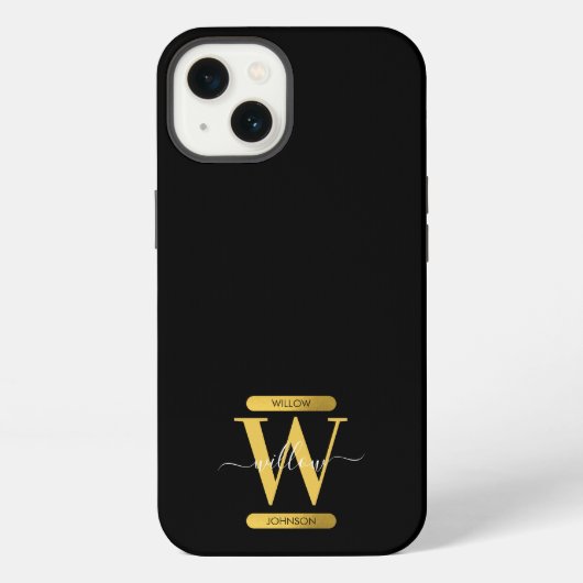 Elegant zwart & goud monogram modern script iPhone hoesje (Achterkant)