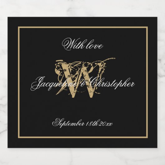 Elegant Zwart & Goud Monogram Script Chique Bruilo Sparkling Wijnetiket (Enkel label)
