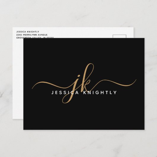 Elegant Zwart Goud Monogram Script Initialen Briefkaart (Voorkant / Achterkant)