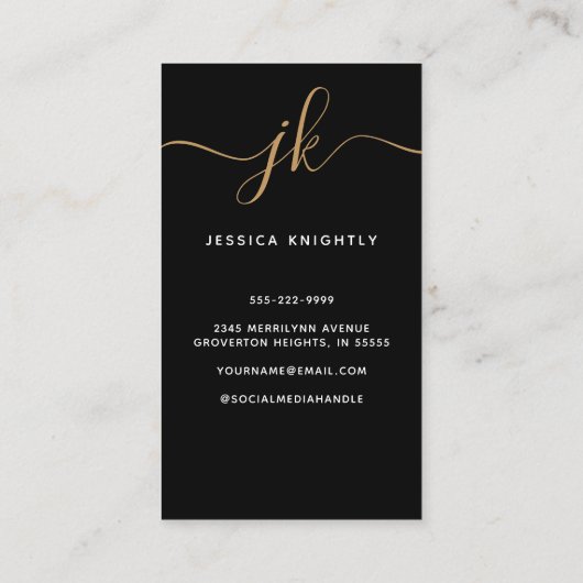 Elegant zwart goud monogram script Initialen Foto Visitekaartje (Achterkant)