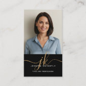 Elegant zwart goud monogram script Initialen Foto Visitekaartje (Voorkant)