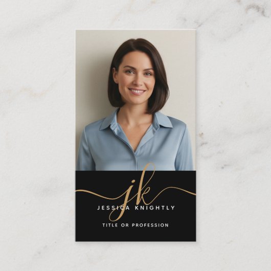 Elegant zwart goud monogram script Initialen Foto Visitekaartje (Voorkant)