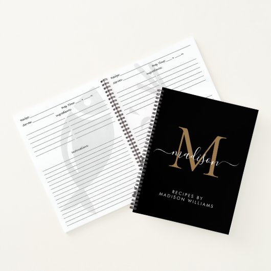 Elegant zwart goud monogram Script Naam Recept Notitieboek (Binnen)