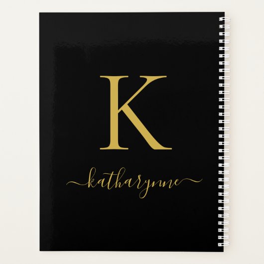 Elegant Zwart Goud Monogram Script Typografie Planner (Achterkant)