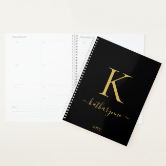 Elegant Zwart Goud Monogram Script Typografie Planner