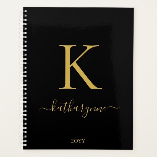 Elegant Zwart Goud Monogram Script Typografie Planner (Voorkant)