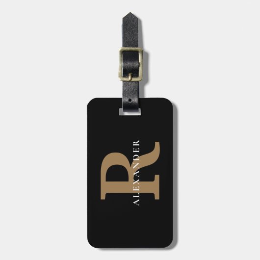 Elegant Zwart Goud Monogram Vet Typografie Naam Bagagelabel (Voorkant verticaal)