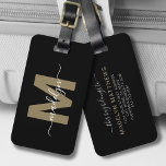 Elegant zwart goud naam monogram bagagelabel<br><div class="desc">Creëer Uw eigen aangepaste stijlvolle elegante zwart gouden scriptnaam Monogram Bagagelabel. Dit chique, stijlvolle bagagelabel voegt een verfijnde touch toe aan elke reiservaring, waardoor het de perfecte accessoire is voor de wereldreiziger of iedereen met een serieus hoesje van reislust. Aan de voorkant toont het ontwerp een uniek monogram met een...</div>