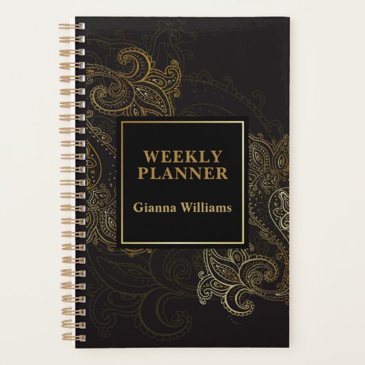 Elegant Zwart Goud Paisley Planner (Voorkant)